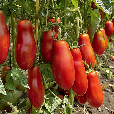 Plants de tomates San Marzano en pleine croissance dans un jardin potager lumineux et sain.